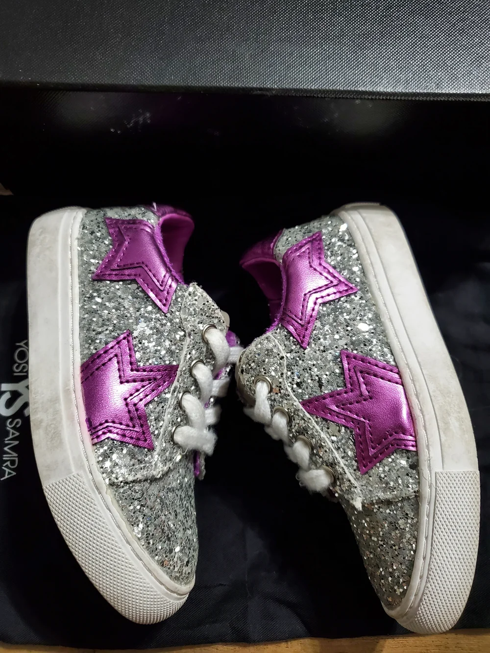 Yosi Samra Kids Silver Glitter Sneakers with Metallic Purple Star